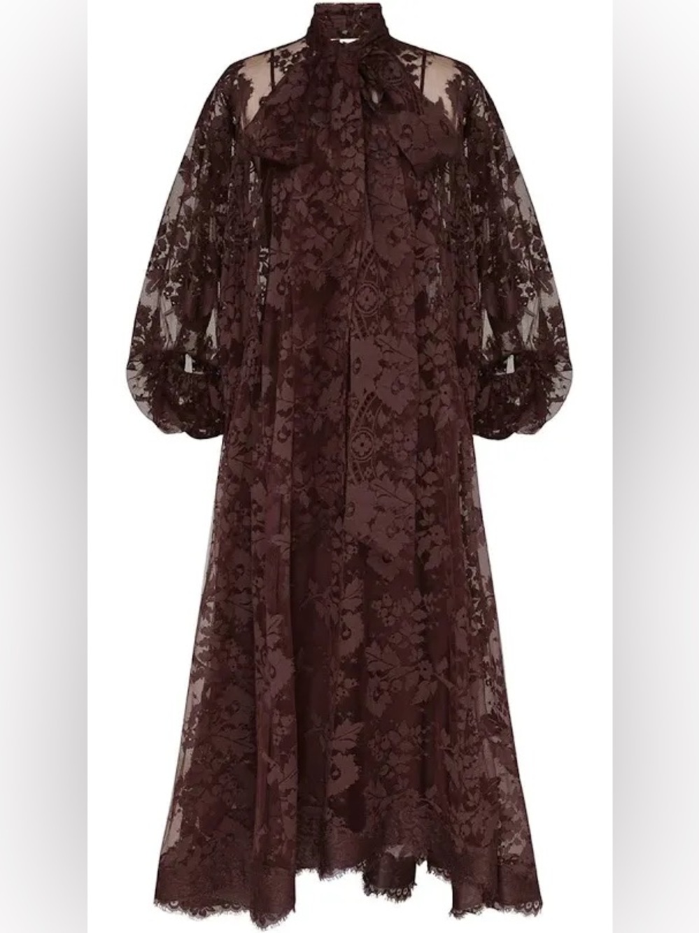 Zimmermann Chocolate Floral Lace Maxi Dress with Sheer Bishop Sleeves